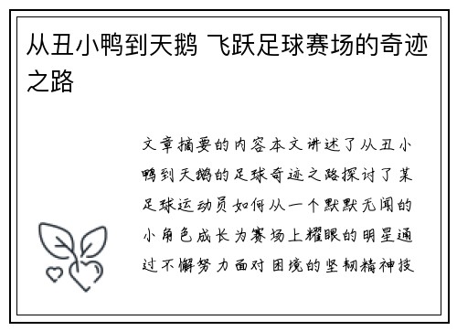 从丑小鸭到天鹅 飞跃足球赛场的奇迹之路