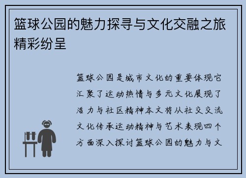 篮球公园的魅力探寻与文化交融之旅精彩纷呈
