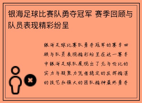 银海足球比赛队勇夺冠军 赛季回顾与队员表现精彩纷呈