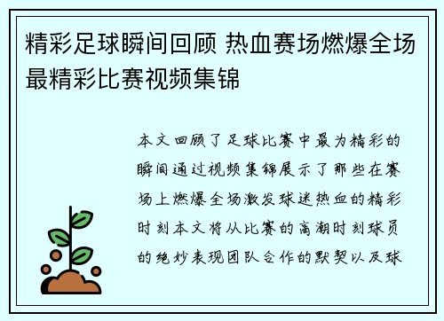 精彩足球瞬间回顾 热血赛场燃爆全场最精彩比赛视频集锦