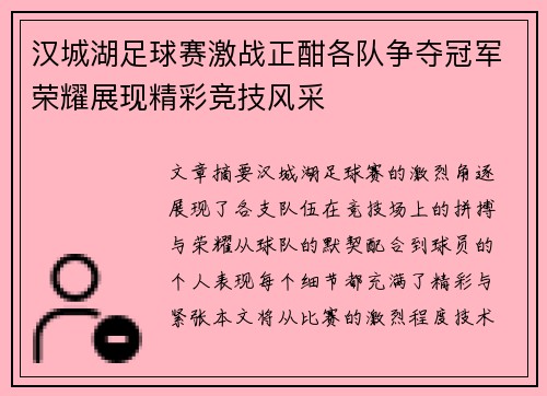 汉城湖足球赛激战正酣各队争夺冠军荣耀展现精彩竞技风采