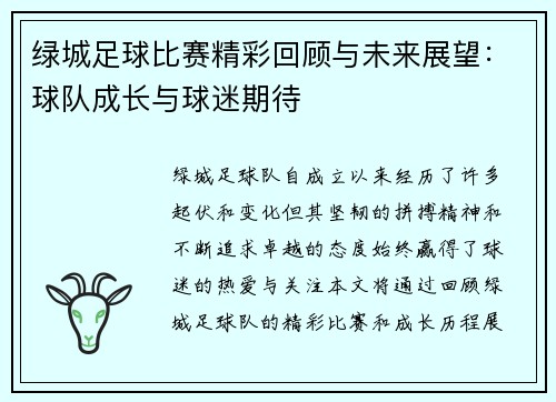 绿城足球比赛精彩回顾与未来展望：球队成长与球迷期待