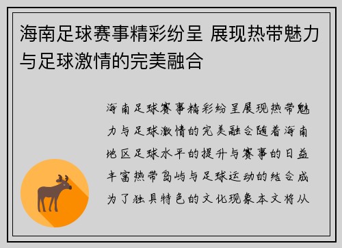 海南足球赛事精彩纷呈 展现热带魅力与足球激情的完美融合