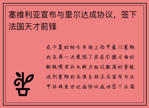塞维利亚宣布与里尔达成协议，签下法国天才前锋