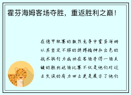 霍芬海姆客场夺胜，重返胜利之巅！