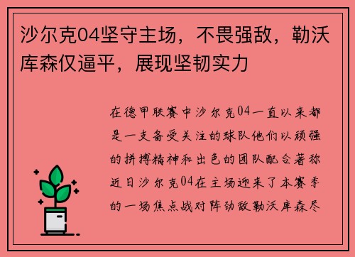 沙尔克04坚守主场，不畏强敌，勒沃库森仅逼平，展现坚韧实力