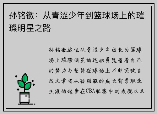 孙铭徽：从青涩少年到篮球场上的璀璨明星之路