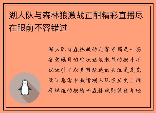 湖人队与森林狼激战正酣精彩直播尽在眼前不容错过