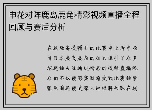 申花对阵鹿岛鹿角精彩视频直播全程回顾与赛后分析