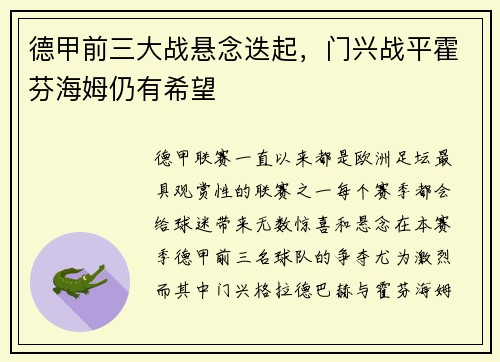 德甲前三大战悬念迭起，门兴战平霍芬海姆仍有希望
