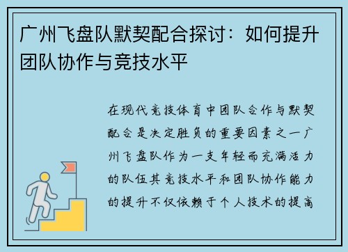 广州飞盘队默契配合探讨：如何提升团队协作与竞技水平