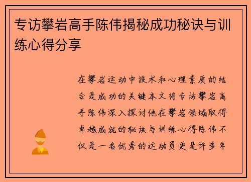 专访攀岩高手陈伟揭秘成功秘诀与训练心得分享