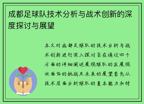 成都足球队技术分析与战术创新的深度探讨与展望
